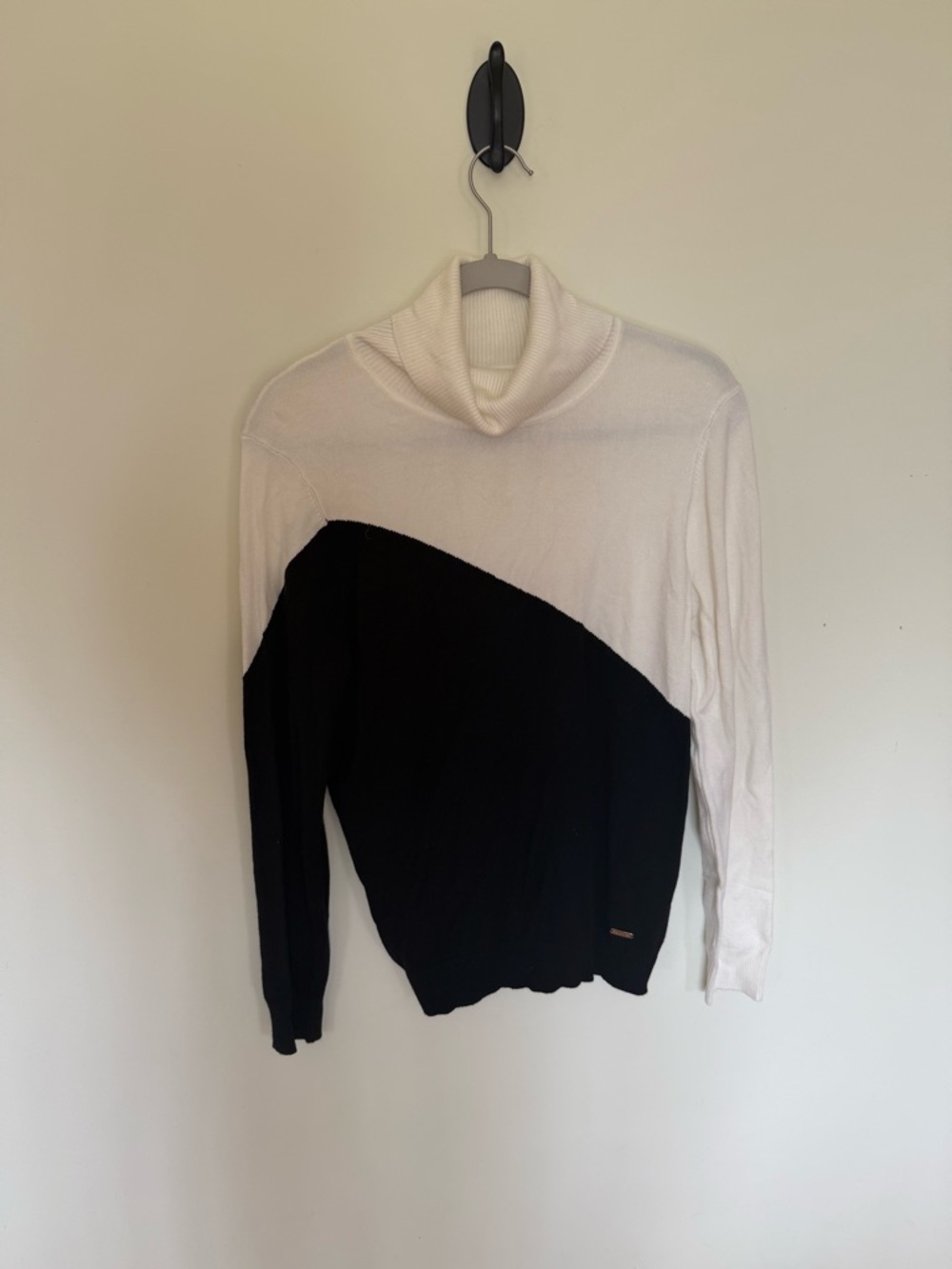 Calvin Klein Diagonal Colorblock Turtleneck Sweater in White and Black